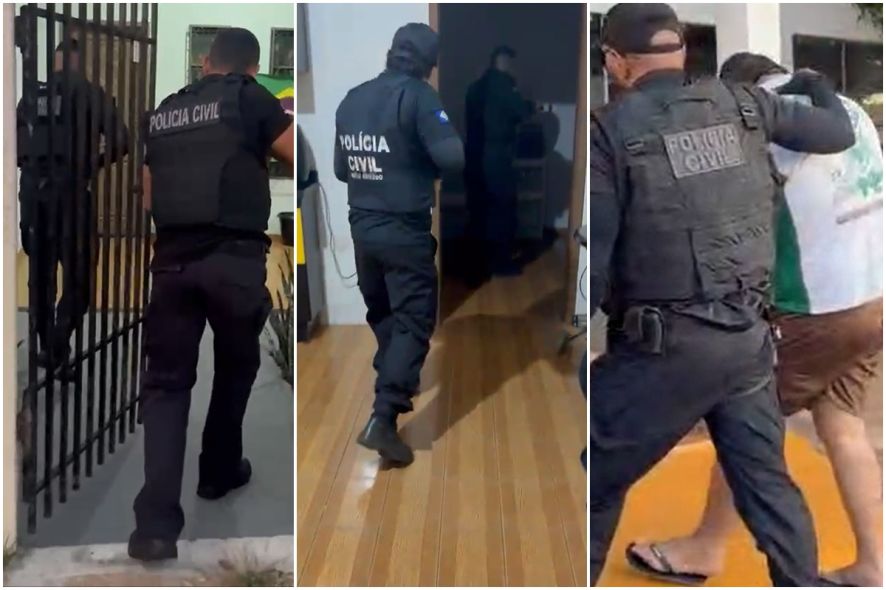 Polícia Civil durante operação contra extorsão digital, com prisões e buscas em MT e SC.